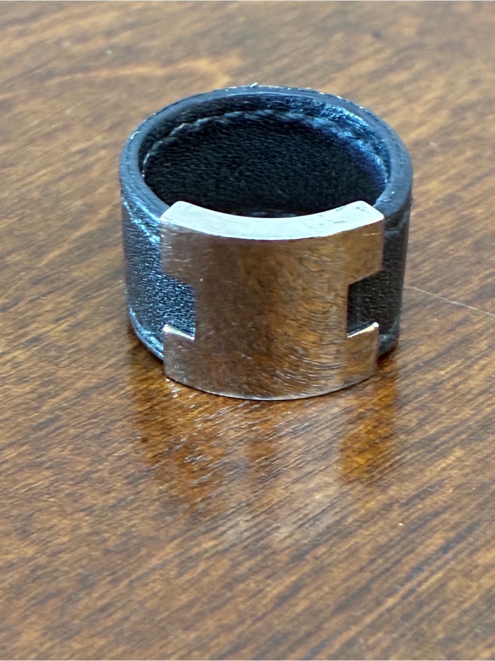 Hermes Y2K Black Leather Ring with Silver Plate